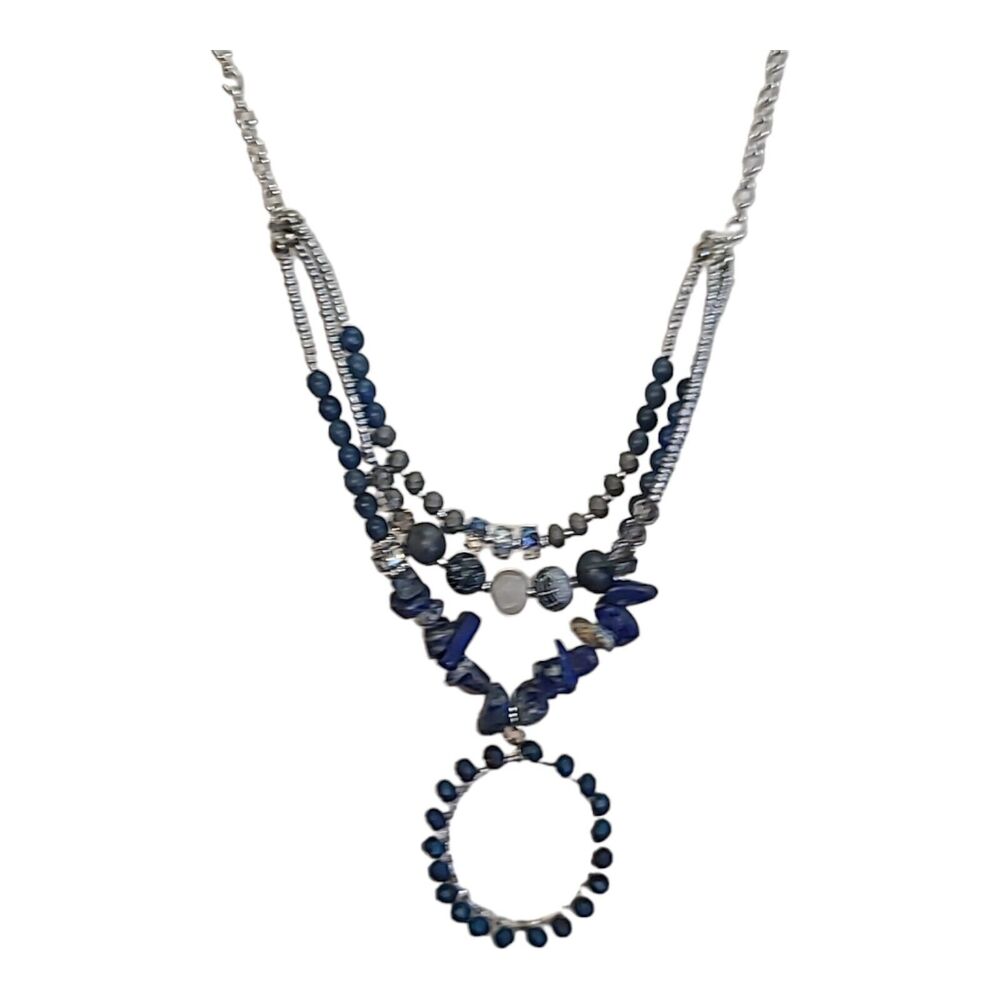 Blue Stone And Crystal Glass Bead Multi-strand‎ Necklace Silver Tone 16"-19"